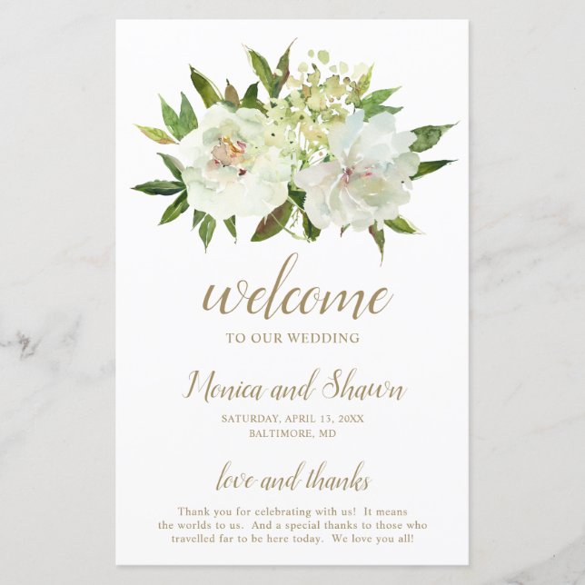 Elegantes Gold-Weiß-Blumen-Hochzeitsprogramm moder (Vorderseite)