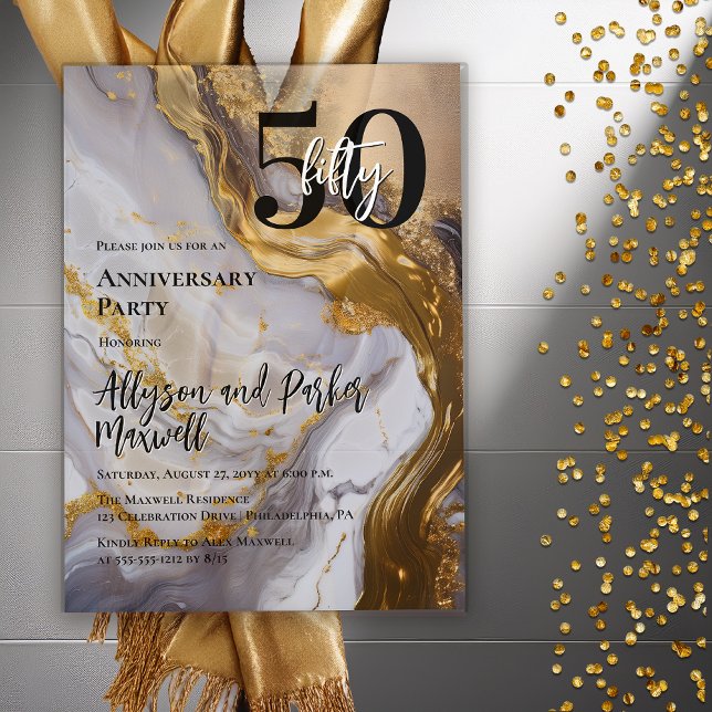 Elegantes Gold | Weißer Marmor 50. Jubiläumsfeier Acryleinladungen (Sleek Gold White Marble "50" 50th Wedding Anniversary Party Acrylic Invitation)