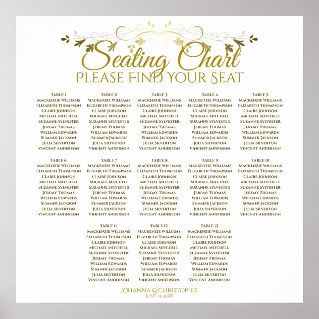 Elegantes Gold White 13 Table Wedding Seating Char Poster (Vorne)