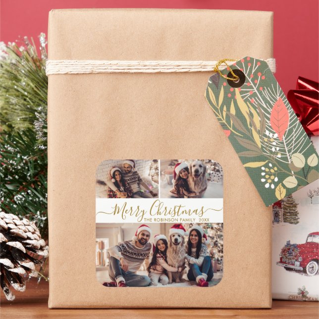 Elegantes Gold White 3 Foto Collage Weihnachten Quadratischer Aufkleber (Feiertag)