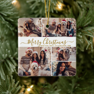 Elegantes Gold White 5 Foto Collage Weihnachten Keramikornament