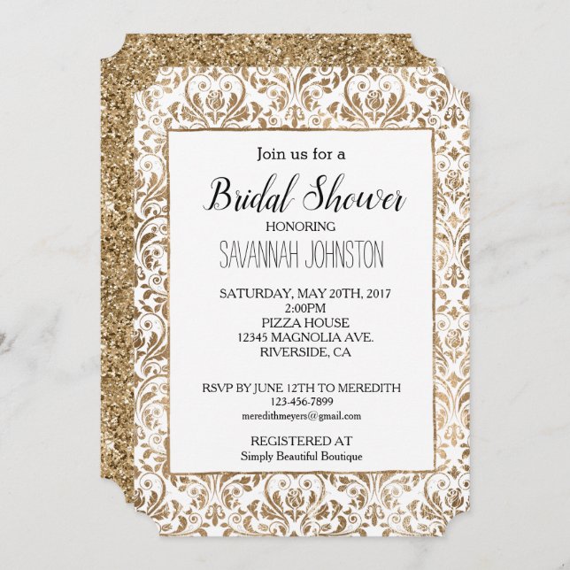 Elegantes Gold White Chic Damask Brautparty Einladung (Vorne/Hinten)