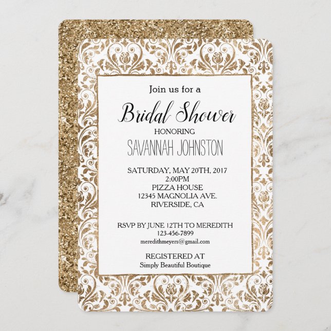 Elegantes Gold White Chic Damask Brautparty Einladung (Vorne/Hinten)