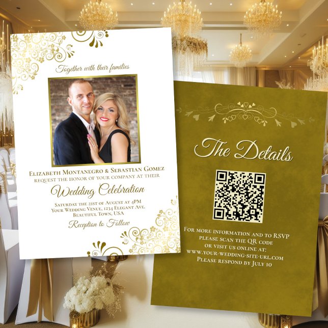 Elegantes Gold & White Foto & QR Code Hochzeit Einladung (Front/Back)