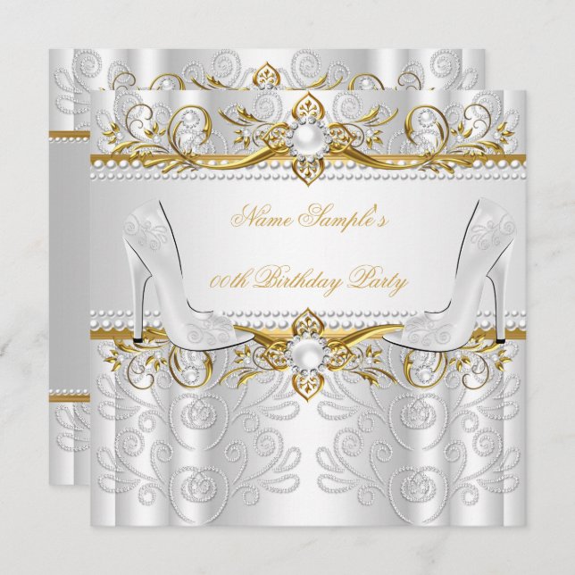 Elegantes Gold White Pearl Diamond High Heels Part Einladung (Vorne/Hinten)