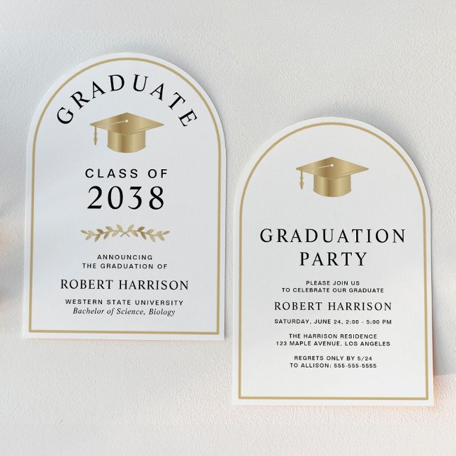 Elegantes Gold White Uni-Abschluß Party Einladung (An elegant arch-shaped graduation party invitation to celebrate the graduate's achievements)