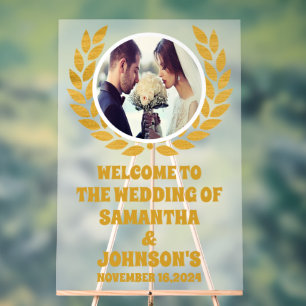 Elegantes Gold Wreath Foto Hochzeit Willkommen Mat Acrylschild
