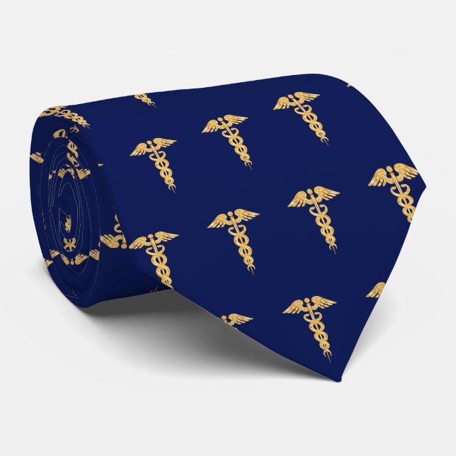 Elegantes Golden Caduceus Muster auf Navy Blue Nec Krawatte (Gerollt)
