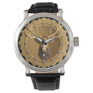 Elegantes Golden Deer Emblem mit Verziertem Rahmen Armbanduhr