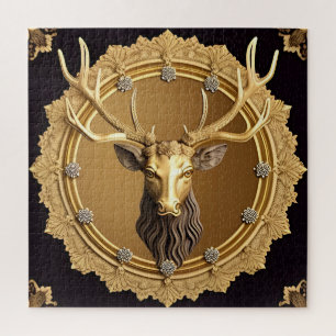 Elegantes Golden Deer Emblem mit Verziertem Rahmen Puzzle
