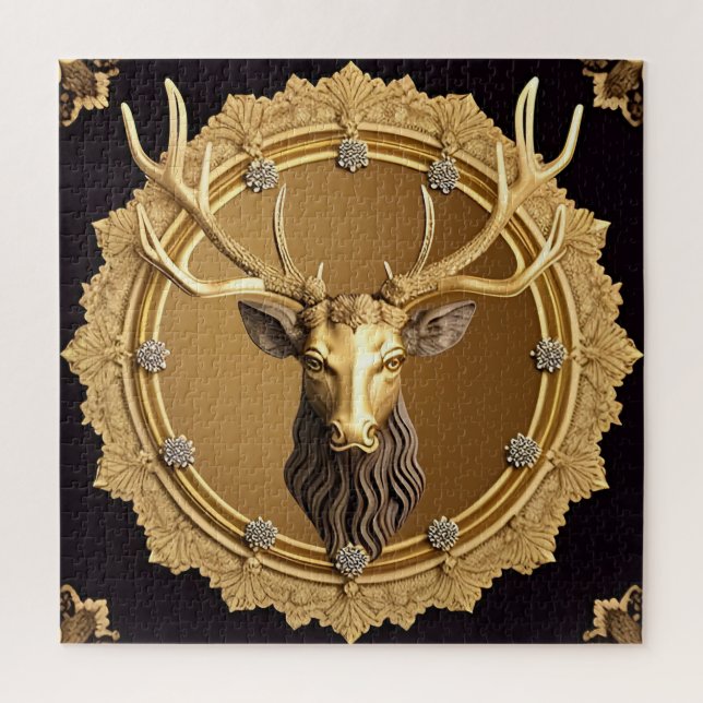 Elegantes Golden Deer Emblem mit Verziertem Rahmen Puzzle (Vertikal)