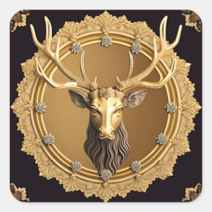 Elegantes Golden Deer Emblem mit Verziertem Rahmen Quadratischer Aufkleber