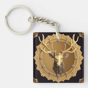 Elegantes Golden Deer Emblem mit Verziertem Rahmen Schlüsselanhänger