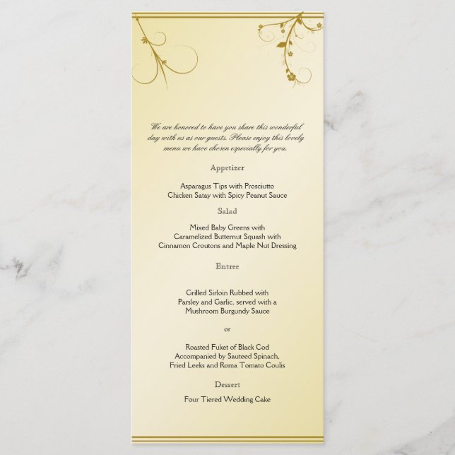 Elegantes Golden Floral Gay Wedding Menü Menükarte (Vorderseite)
