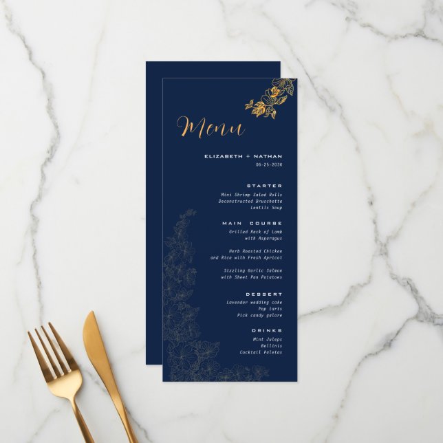 Elegantes "Golden Foliage Navy Blue Wedding Menu" Menükarte (Vorderseite/Rückseite Beispiel)