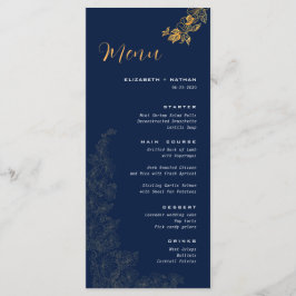 Elegantes "Golden Foliage Navy Blue Wedding Menu" Menükarte