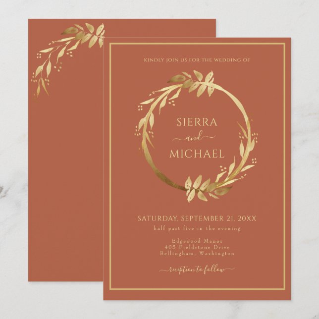 Elegantes Golden Foliage Terracotta Rust Wedding Einladung (Vorne/Hinten)
