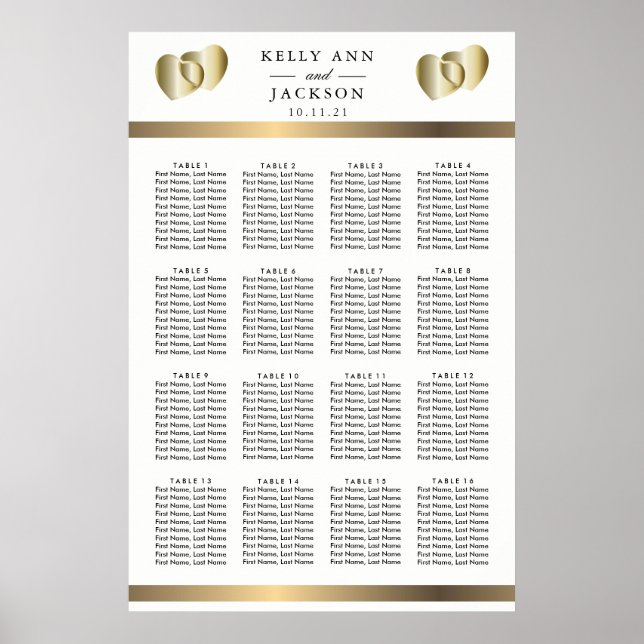 Elegantes Golden Hearts Design - 16 Seating Chart Poster (Vorne)