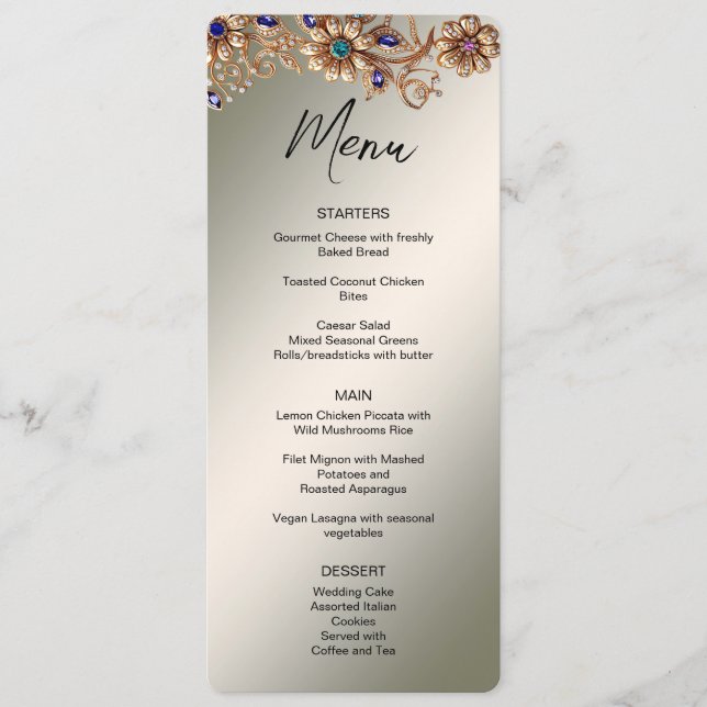 Elegantes Golden Jewel Blume Wedding Menu Menükarte (Vorderseite)