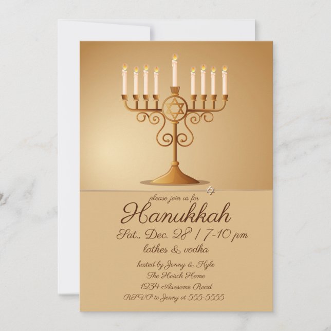 Elegantes Golden Menorah Hanukkah Party Einladung (Vorderseite)