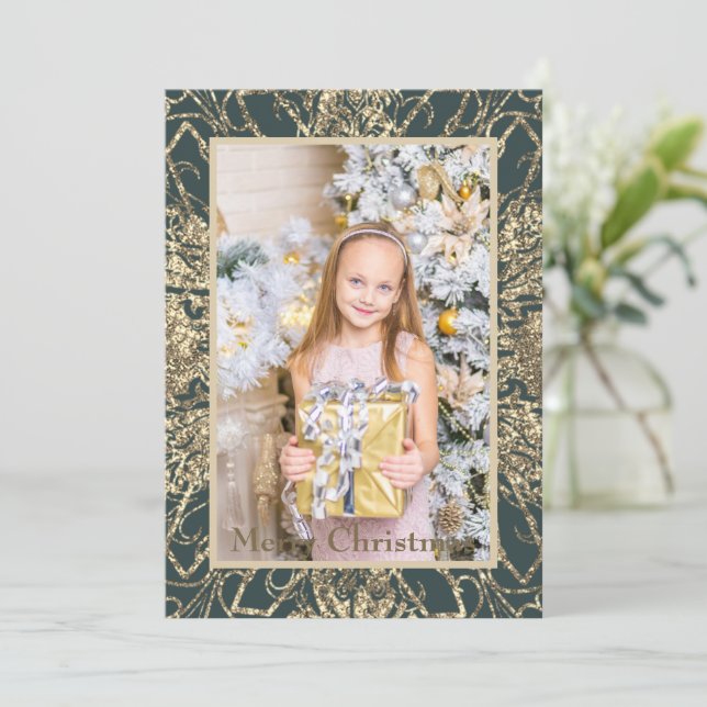 Elegantes Golden Merry Christmas Foto Feiertagskarte (Stehend Vorderseite)