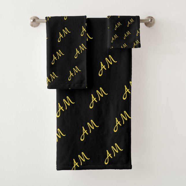 Elegantes Golden Monogram auf Schwarz Badhandtuch Set (Insitu)