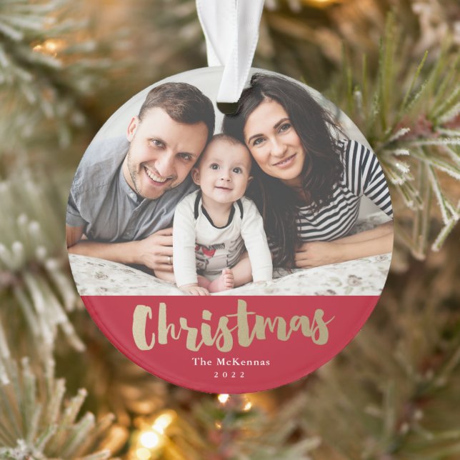Elegantes Golden Script Foto Familienurlaub Weihna Ornament (Baum)