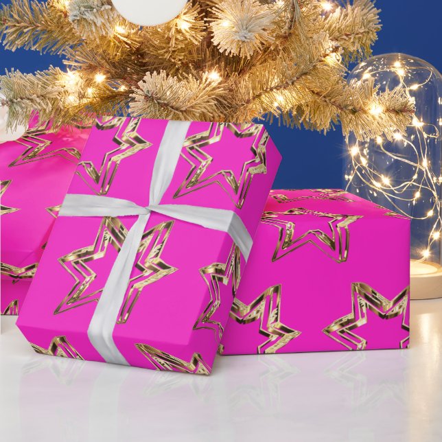 Elegantes Golden Stars Muster Hot Pink Weihnachten Geschenkpapier (Feiertage)