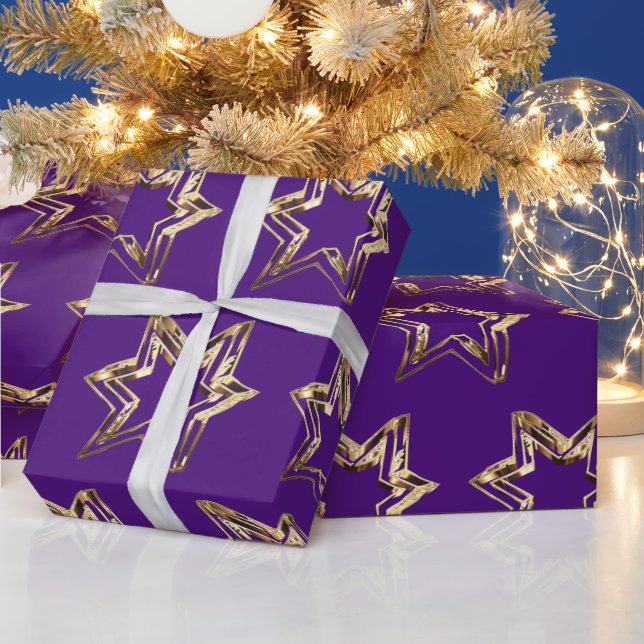 Elegantes Golden Stars Muster Lila Weihnachten Geschenkpapier (Feiertage)