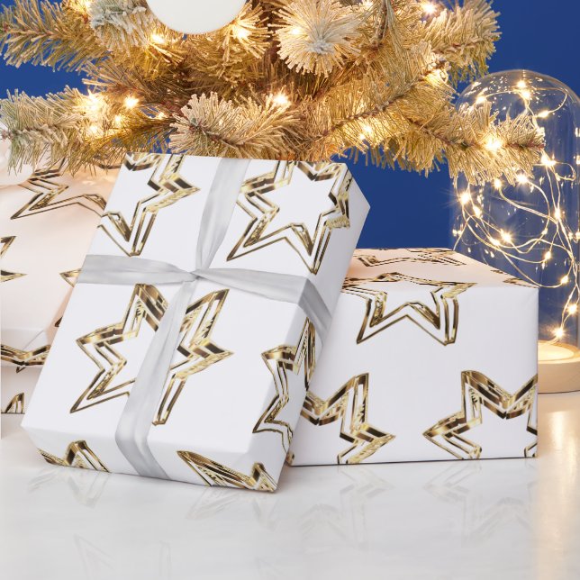 Elegantes Golden Stars Muster Weißes Weihnachtsfes Geschenkpapier (Feiertage)