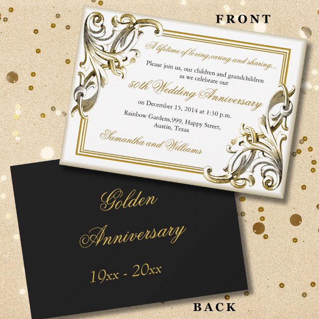 Elegantes Golden Wedding Anniversary Black and Gol Einladung (Von Creator hochgeladen)