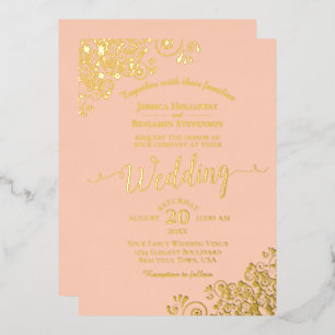 Elegantes Goldenen Foil Spitz auf Korallenpfirsich Folieneinladung