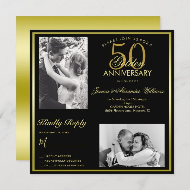 Elegantes Goldenes 50-jähriges Foto zum Hochzeitst Einladung (Vorne/Hinten)