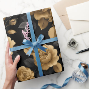 Elegantes goldenes Akzent-Rosen-schwarzes Blumenmu Geschenkpapier
