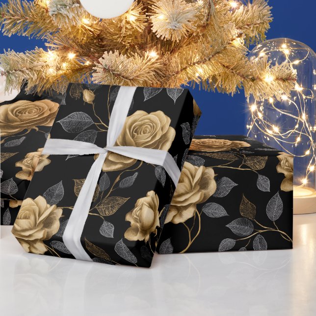 Elegantes goldenes Akzent-Rosen-schwarzes Blumenmu Geschenkpapier (Feiertage)