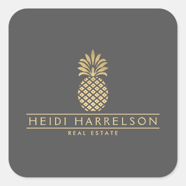 Elegantes goldenes Ananas-Logo auf Grau Quadratischer Aufkleber (Vorderseite)