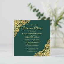 Elegantes goldenes Blumen-Hochzeitsprobe-Dinner