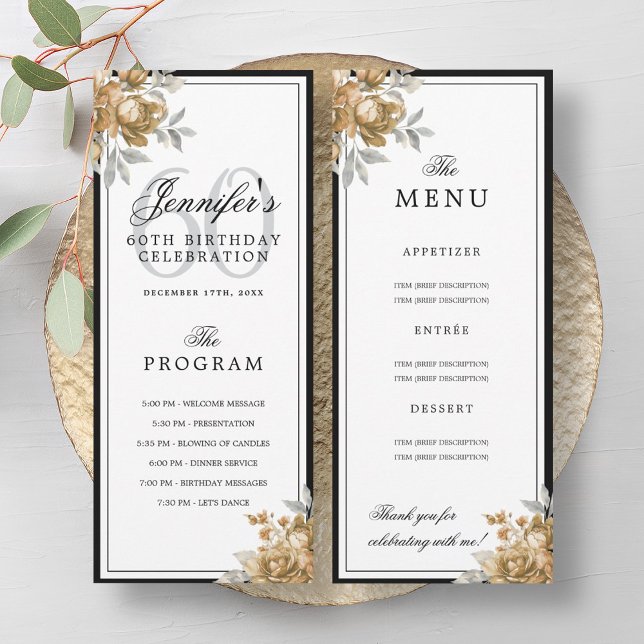 Elegantes goldenes Blumen-Programm-Menü zum 60. Ge Einladung (Elegant Gold Floral 60th Birthday Program Menu )