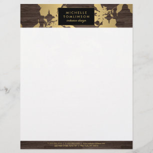 Elegantes Goldenes Blumenmuster Dunkles Holz Desig Briefkopf