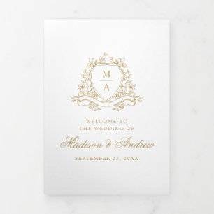 Elegantes goldenes Blumenwappen-Monogramm-Hochzeit Dreifach-gefaltete Programmkarte