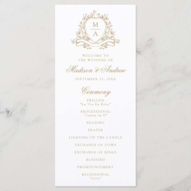 Elegantes goldenes Blumenwappen-Monogramm-Hochzeit Programm (Vorderseite)