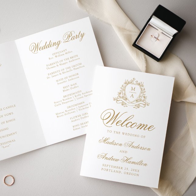 Elegantes goldenes Blumenwappen-Monogramm-Hochzeit Programm (Von Creator hochgeladen)