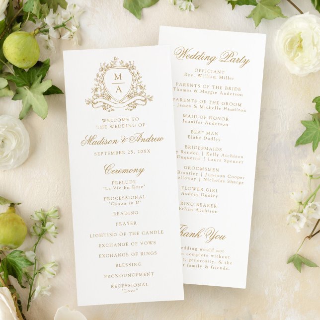 Elegantes goldenes Blumenwappen-Monogramm-Hochzeit Programm (Von Creator hochgeladen)