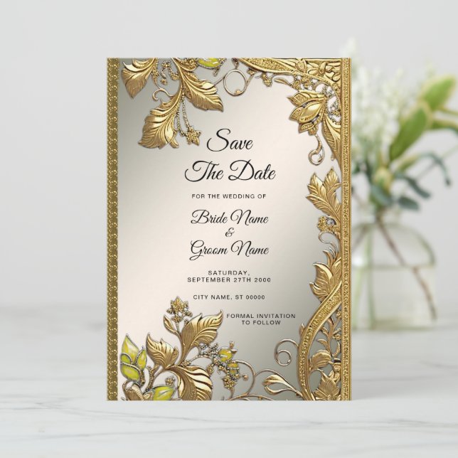 Elegantes Goldenes Dekorativ Save the Date florati (Stehend Vorderseite)