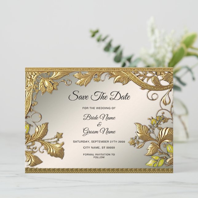 Elegantes Goldenes Dekorativ Save the Date florati (Stehend Vorderseite)