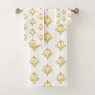 Elegantes goldenes Fleur-de-Lis-Muster auf Weiß Badhandtuch Set