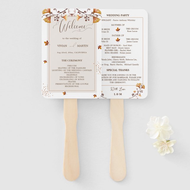 Elegantes Goldenes Herbstleaf-Hochzeitsprogramm Fächer (Vorne und Hinten)