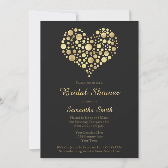 Elegantes Goldenes Herz am Dusty Black Brautparty Einladung (Vorderseite)