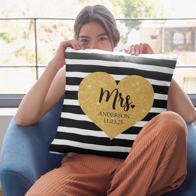 Elegantes Goldenes Herz Schwarze Streifen Nur verh Kissen (Von Creator hochgeladen)