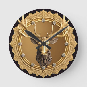 Elegantes goldenes Hirsch-Emblem mit aufwendigem R Runde Wanduhr